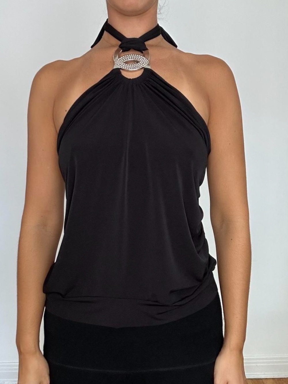 Black Halter Neck Top with Decorative Ring